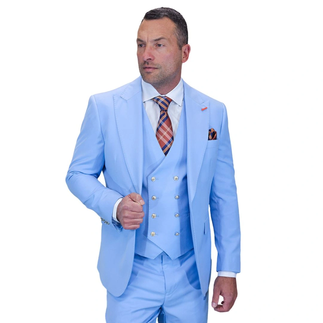 Aether Crest: Sky Blue Suit. Modern Chic. Three Pieces. Ready to Impress. Effortless Elegance.
